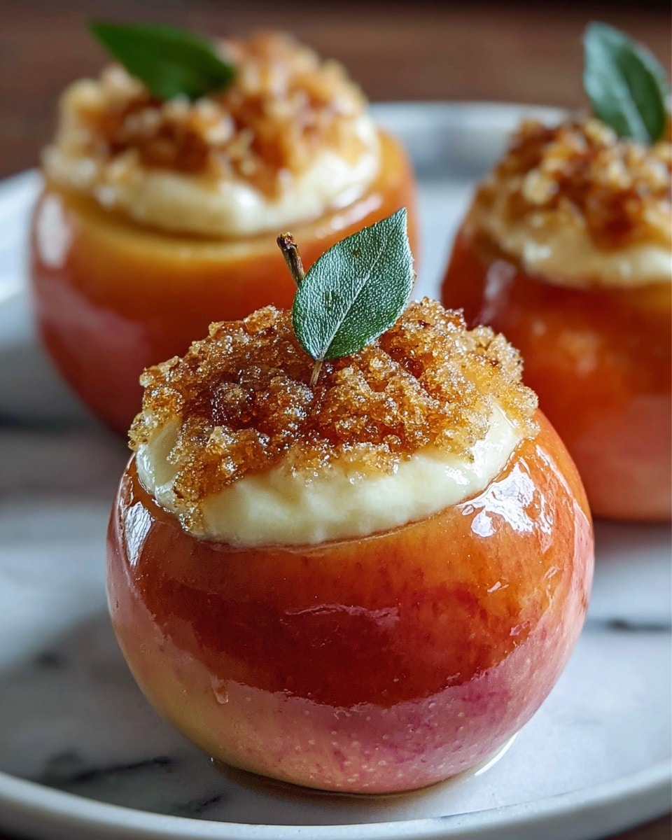 This image shows three baked apples with three visible layers each. The bottom layer is a shiny, smooth apple with red and yellow skin, which is hollowed out on top. The second layer is a thick, creamy off-white filling that almost overflows the apple top. The top layer is a crumbly, golden brown topping that looks crispy and slightly shiny, placed above the cream. A single fresh green leaf is inserted in the crumbly topping of the front apple. The apples are set closely together on a white plate with a slight edge, placed on a white marbled surface. photo taken with an iphone --ar 4:5 --v 7
