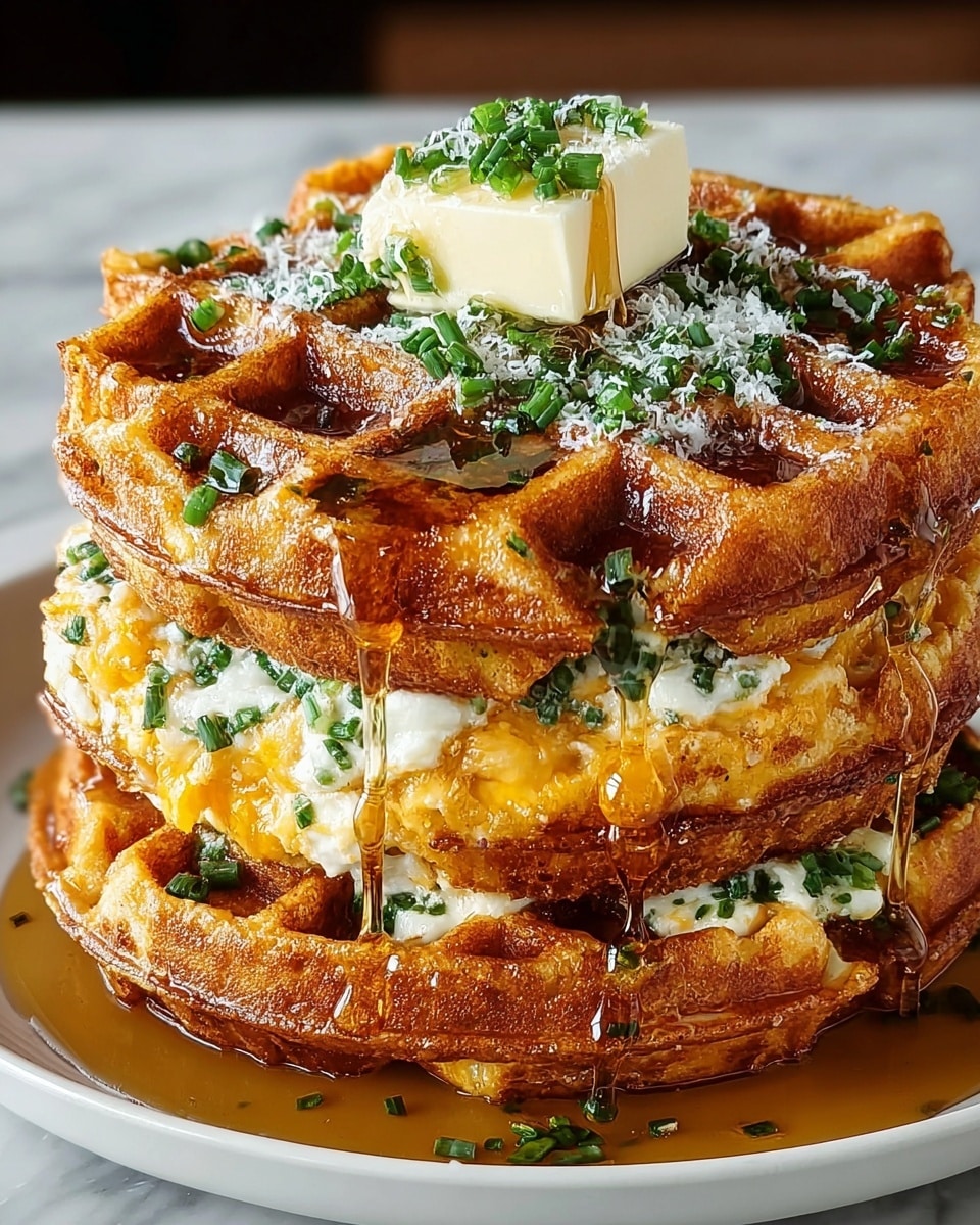 A stack of three golden-brown waffles with a crispy texture is placed on a white plate. Between each waffle layer, there is melted cheddar cheese and white creamy sauce mixed with green chopped herbs. The top waffle is topped with a melting square of butter, green chopped herbs, and a light dusting of grated white cheese. Maple syrup is drizzling down the side of the stack, creating a glossy effect. The background is a white marbled texture. photo taken with an iphone --ar 4:5 --v 7