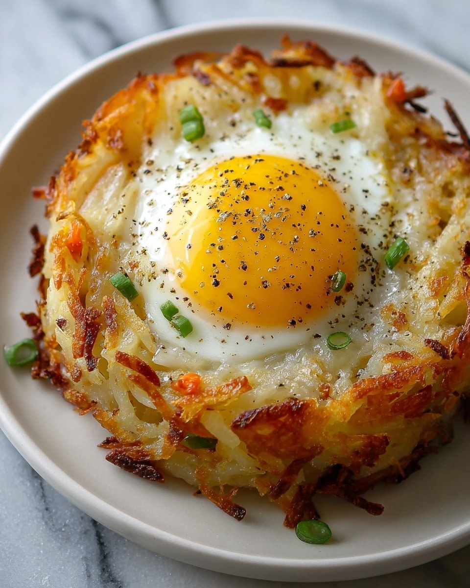 A round, single-layer dish on a white plate with a crispy golden brown base made of shredded potatoes and bits of vegetables mixed in, topped with a cooked egg that has a bright yellow yolk in the center surrounded by firm but slightly glossy white. The egg is sprinkled with cracked black pepper and small green onion pieces for color contrast. The sides of the potato layer are browned and slightly jagged, giving a crispy texture. The background is a white marbled texture. photo taken with an iphone --ar 4:5 --v 7