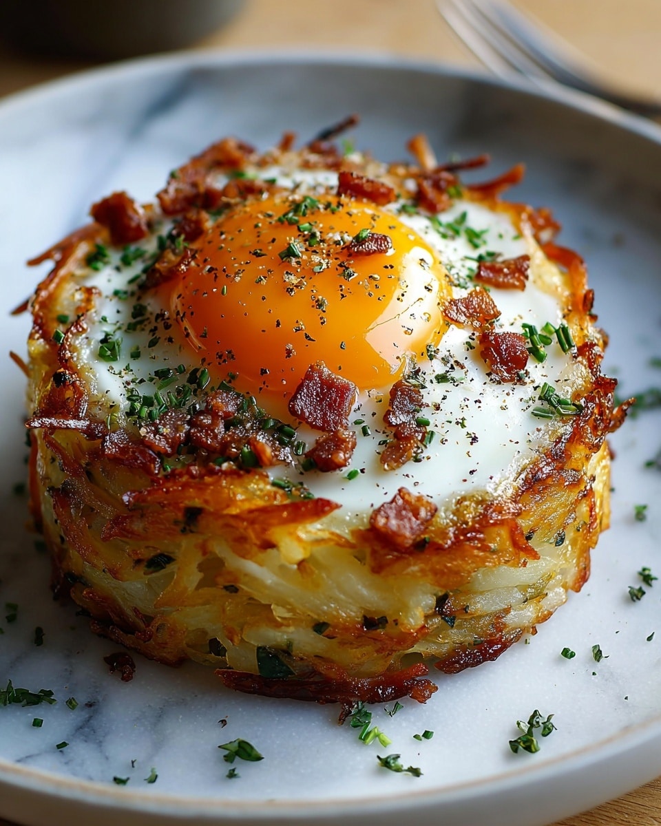 A round, layered dish sits on a white plate with a white marbled texture surface beneath it. The bottom layer is golden-brown hash browns, crispy and textured with some small green herbs mixed in. On top of that is a smooth layer of cooked white egg whites, slightly browned at the edges. A bright, glossy orange egg yolk sits perfectly in the center, sprinkled with small bits of crispy, browned bacon and finely chopped green herbs, all lightly dusted with black pepper. The dish looks warm and fresh, with a neat and rustic appearance. Photo taken with an iphone --ar 4:5 --v 7