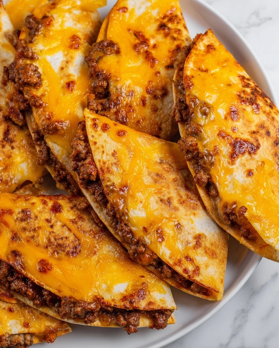 The image shows several folded quesadillas arranged close together on a white plate, placed on a white marbled surface. Each quesadilla has two visible layers: a golden-brown toasted tortilla on the outside, slightly crisp and folded in half, and a rich inner layer of browned ground meat mixed with melted bright orange cheddar cheese that oozes a bit from the edges. The cheese covers the top of the tortillas in thick, uneven patches, with some crispy browned bits where it has melted. The textures show a nice contrast between the soft, melted cheese and the crispy tortilla edges. photo taken with an iphone --ar 4:5 --v 7