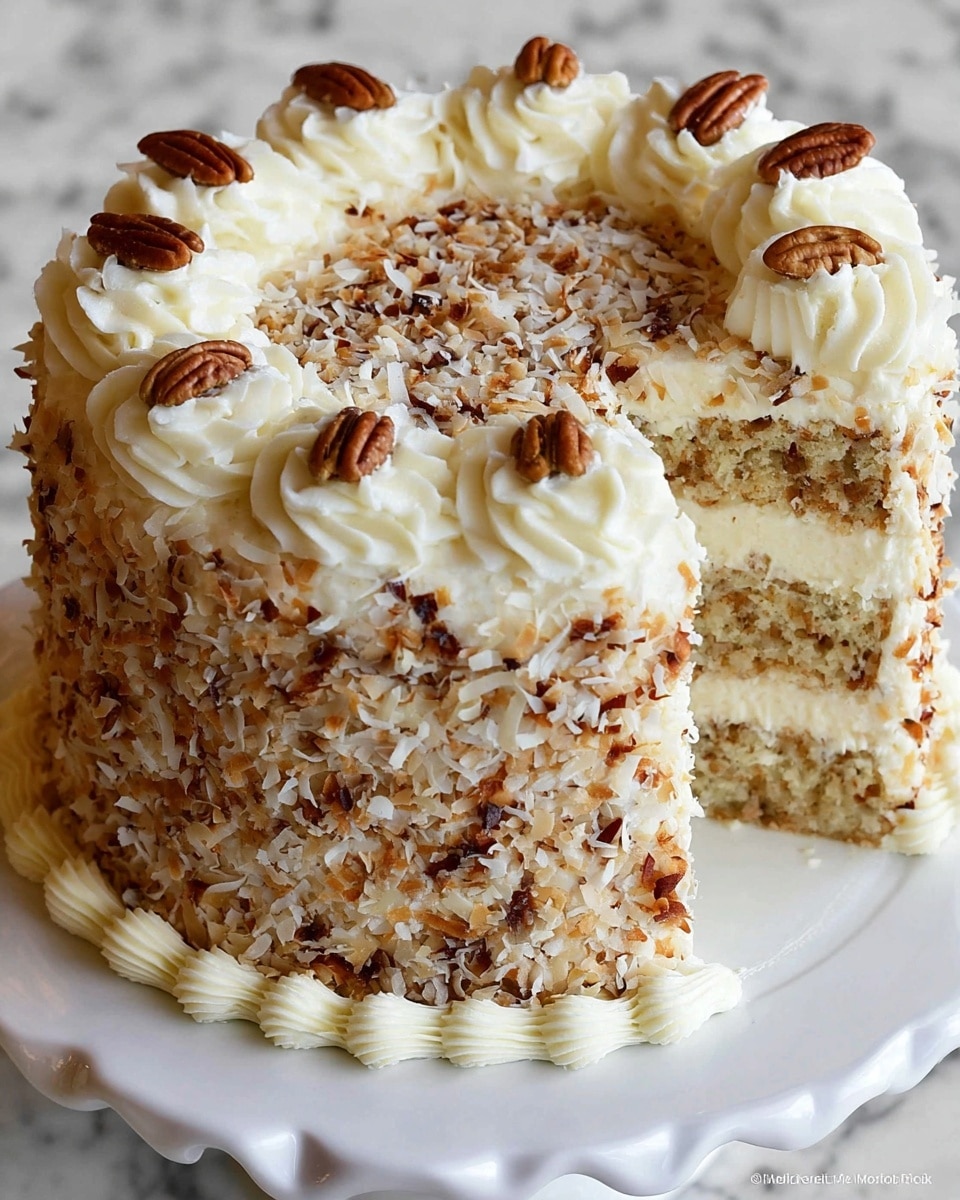 A three-layer round cake with light brown textured cake layers filled and covered with creamy white frosting. The outside is thickly coated with toasted coconut flakes, giving a mix of white and golden brown colors. The top of the cake is decorated with evenly spaced swirls of white frosting and a few visible pecan halves. The base of the cake has a border of piped white frosting ridges, and the cake sits on a white plate with a scalloped edge. The background is a smooth white marbled texture. Photo taken with an iphone --ar 4:5 --v 7