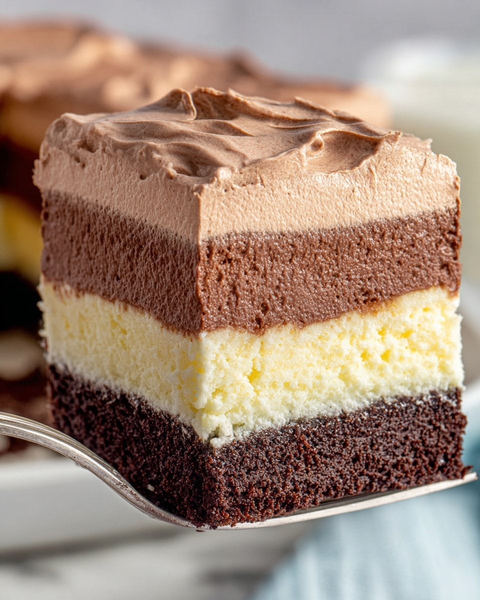 A close-up image of a three-layered dessert square held by a fork with a white marbled background. The bottom layer is a dense, light yellow creamy layer with a smooth texture. Above that is a thick, dark brown chocolate cake layer with a porous texture. The top layer is a thick, light brown whipped chocolate mousse with soft peaks and a smooth, fluffy texture, slightly uneven on top. The focus is on the dessert square, showing clear separation and textures of each layer. Photo taken with an iphone --ar 4:5 --v 7