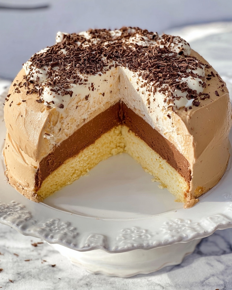 The image shows a three-layer round cake with a slice removed, placed on a white plate with decorative edges. The bottom layer is a light yellow sponge, above it is a thick dark brown mousse layer, and the top layer is a light beige mousse. The entire cake is covered with a smooth light brown frosting that has a slightly glossy texture and small peaks. Dark chocolate shavings are scattered over the top surface. The plate rests on a white marbled texture background. photo taken with an iphone --ar 4:5 --v 7