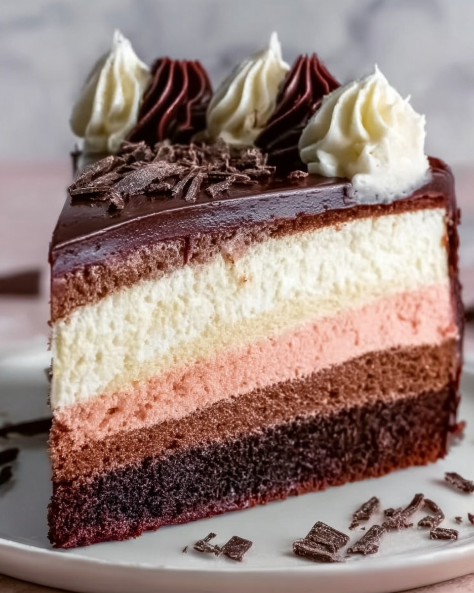 The image shows a close-up of a three-layer cake slice. The bottom layer is dark brown and looks like moist chocolate cake. The middle layer is white and fluffy, similar to vanilla or cream cheese. The top layer is light brown and smooth, like a mousse or frosting. On top of the cake is a shiny dark brown chocolate glaze that spills slightly over the edges. There are two swirls of frosting on top, one white and one dark brown, with dark chocolate shavings scattered around. The cake is set against a white marbled surface. Photo taken with an iphone --ar 4:5 --v 7