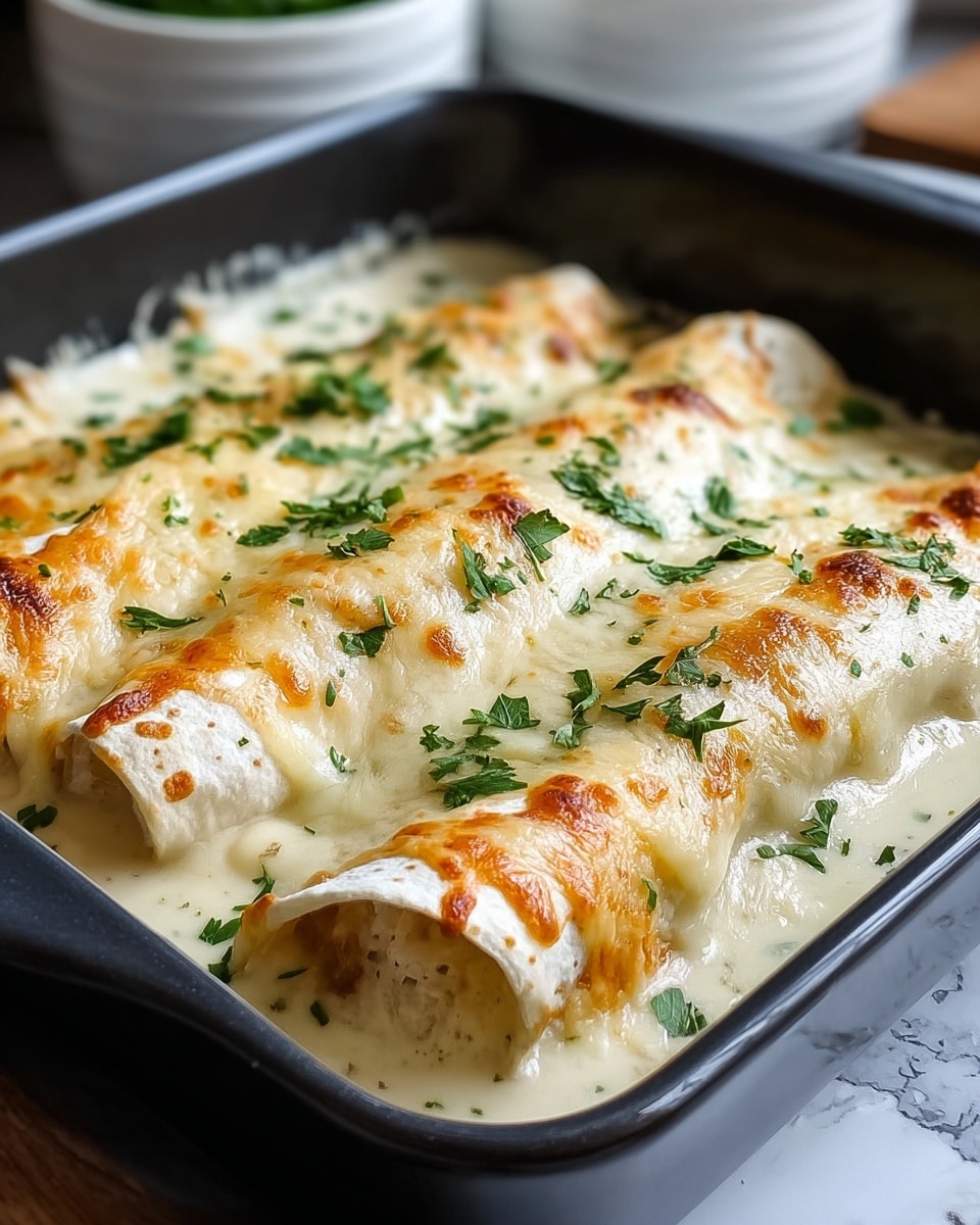 The image shows a close-up of three rolled crepes laying side by side in a white baking dish, covered in a thick creamy white sauce with a slightly browned cheese layer on top. The cheese appears melted and bubbly, with golden brown spots, giving a textured and glossy look. Fresh chopped green herbs are sprinkled evenly over the top for color contrast. The edges of the crepes peek out from under the cheese sauce, showing a soft and slightly wrinkled texture. The dish is placed on a white marbled surface, with a white cloth visible to the side. Photo taken with an iphone --ar 4:5 --v 7