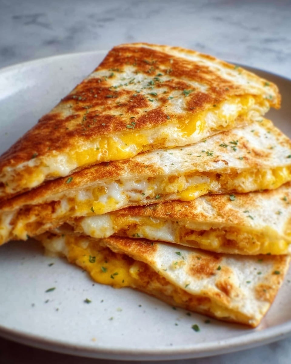 A close-up view of a quesadilla cut into four triangular pieces stacked on a white plate. The quesadilla layers show a golden-brown, crispy tortilla exterior with melted yellow cheese oozing out between the layers. The surface of the quesadilla has light brown grill marks and some green herb sprinkles, giving it a slightly textured look. The background is a white marbled surface. Photo taken with an iphone --ar 4:5 --v 7
