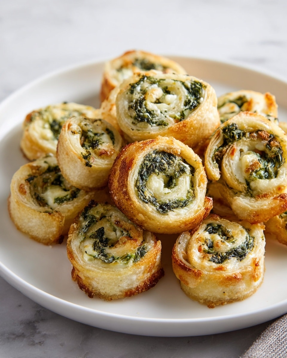 The image shows a white plate filled with many spiral-shaped bites arranged in a small pile. Each bite has three visible layers: a light golden-brown outer crust that looks crispy, a creamy white cheese layer, and a green spinach layer in the middle, all rolled together tightly. The spirals have a soft and slightly crumbly texture, with some browning on the edges giving a baked look. The plate sits on a white marbled surface. photo taken with an iphone --ar 4:5 --v 7