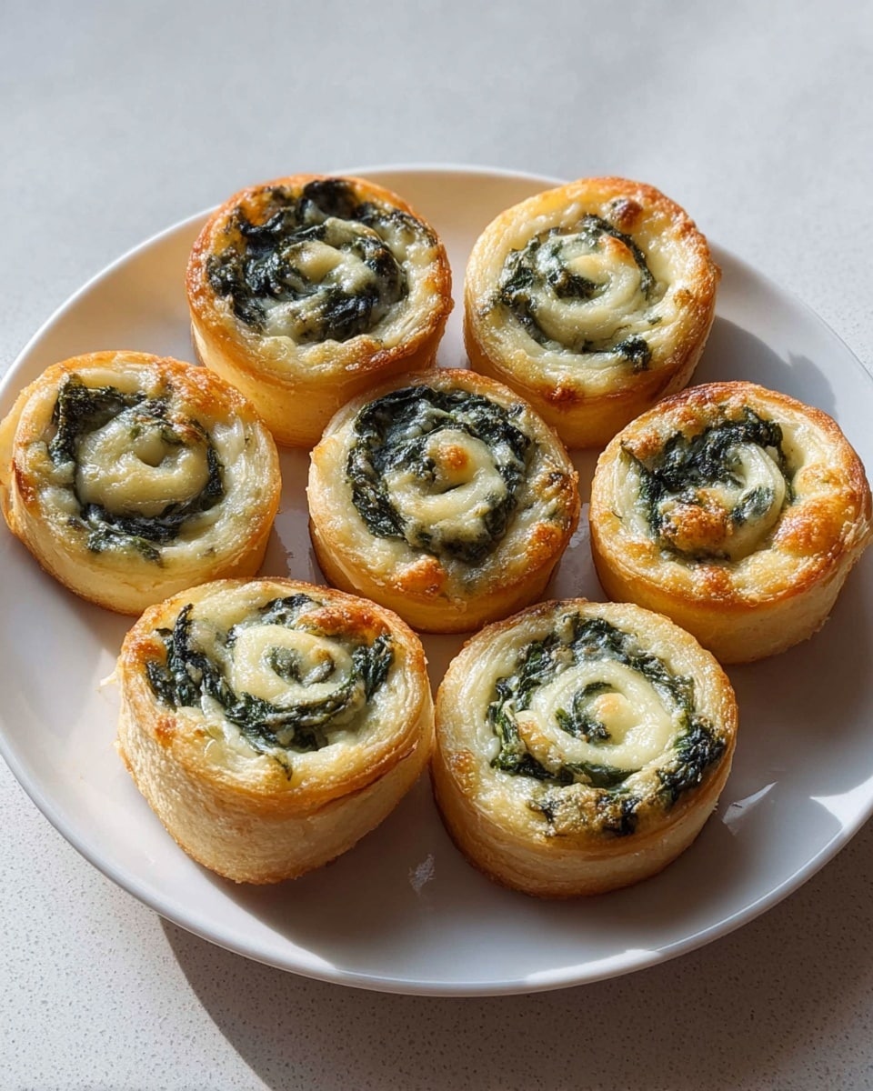 The image shows seven golden-brown pinwheel pastries arranged on a white plate. Each pinwheel has three visible layers: the outer crust is a light golden color with a slightly crisp texture, the middle layer is cream-colored cheese melted and spread evenly, and the inner spiral is a dark green spinach filling that contrasts with the cheese. The pastries are thick and placed closely together, with some overlapping slightly. The plate sits on a white marbled surface in soft natural light. photo taken with an iphone --ar 4:5 --v 7