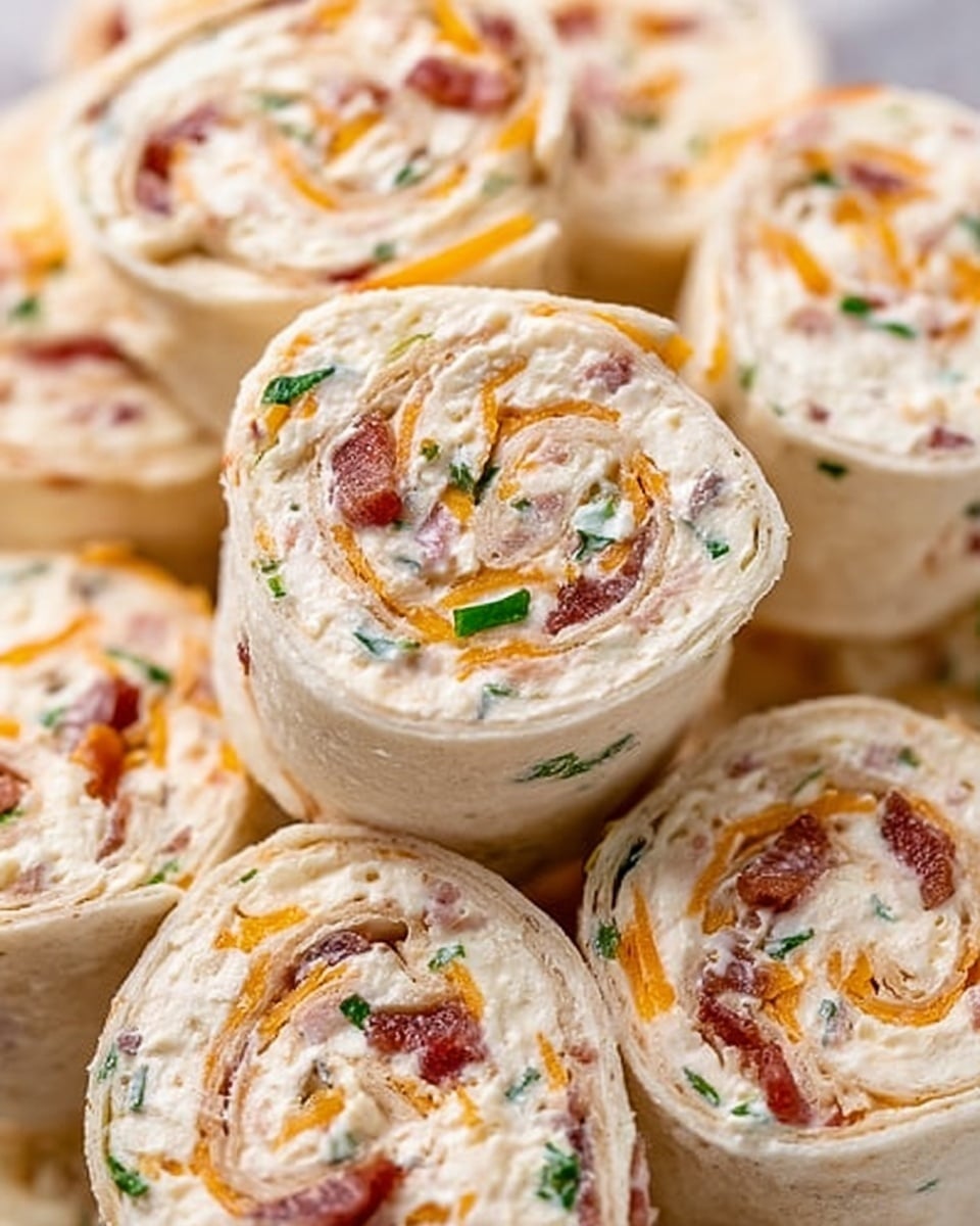 The image shows close-up white tortilla pinwheels filled with a creamy mixture that contains orange cheddar cheese, bits of bacon, and small green herbs. Each pinwheel is rolled tightly, displaying clear layers of the soft creamy filling and the pale tortilla. The pinwheels are stacked together closely on a white marbled surface, capturing the textured cream and cheese blend inside. The overall look is fresh and appetizing with visible colors that contrast well in each spiral. Photo taken with an iphone --ar 4:5 --v 7