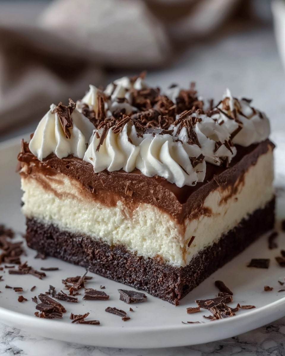 A square slice of layered chocolate dessert sits on a white rectangular plate with chocolate shavings around the edges. The bottom layer is a dark, dense chocolate cake, topped by a thick layer of white creamy filling. Above that is a thin dark chocolate layer, then another thick white cream layer with swirls of whipped cream and dark chocolate shavings on top. The dessert looks soft and rich, with smooth and fluffy textures, all against a white marbled surface. photo taken with an iphone --ar 4:5 --v 7