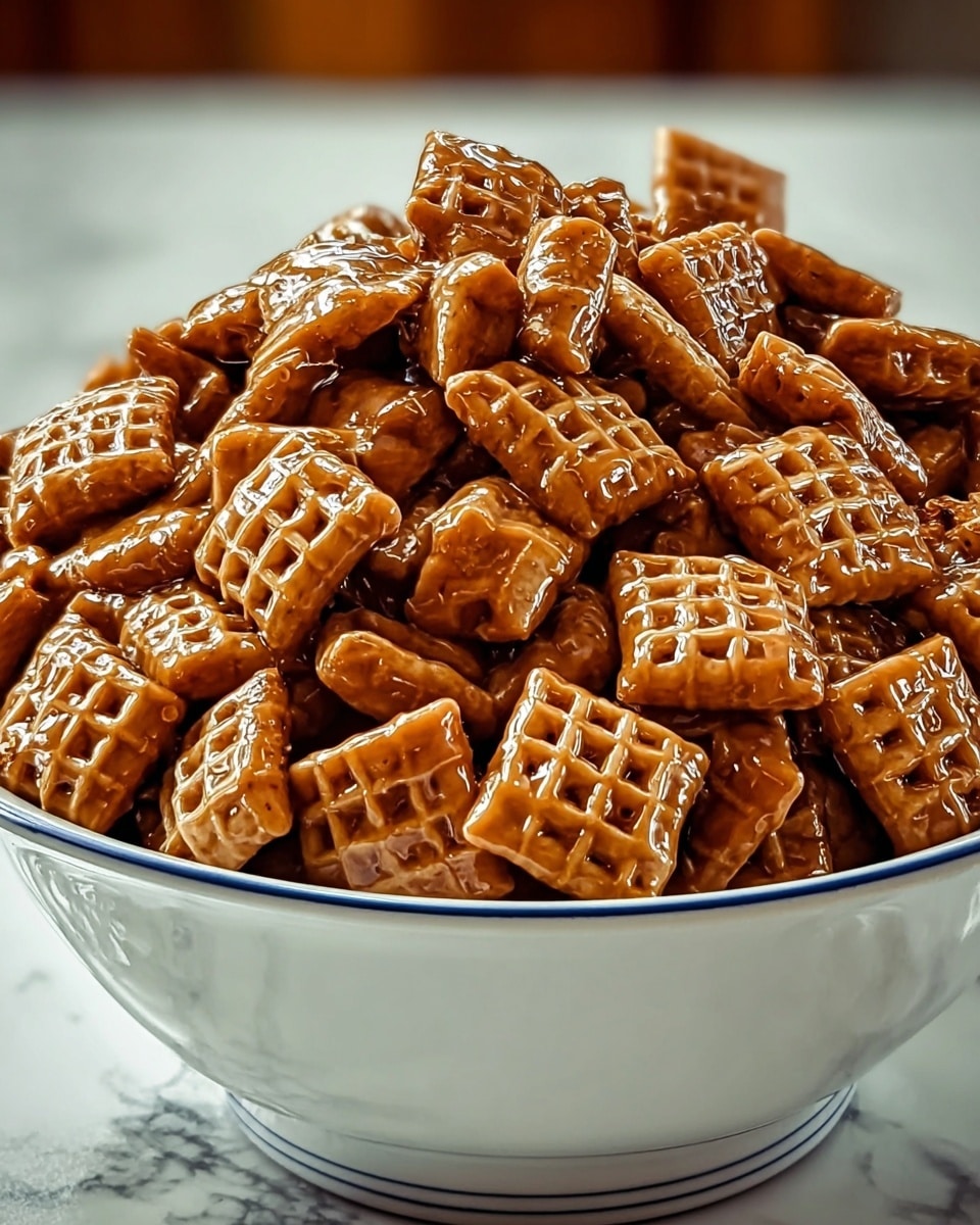 A close-up of a full white bowl with a blue pattern, piled high with glossy, golden-brown square cereal pieces that have a textured surface resembling woven fabric. The cereal pieces cover the bowl evenly, creating a slightly uneven mound at the top. The image is set on a white marbled texture surface, with a soft, blurred background showing window light. photo taken with an iphone --ar 4:5 --v 7