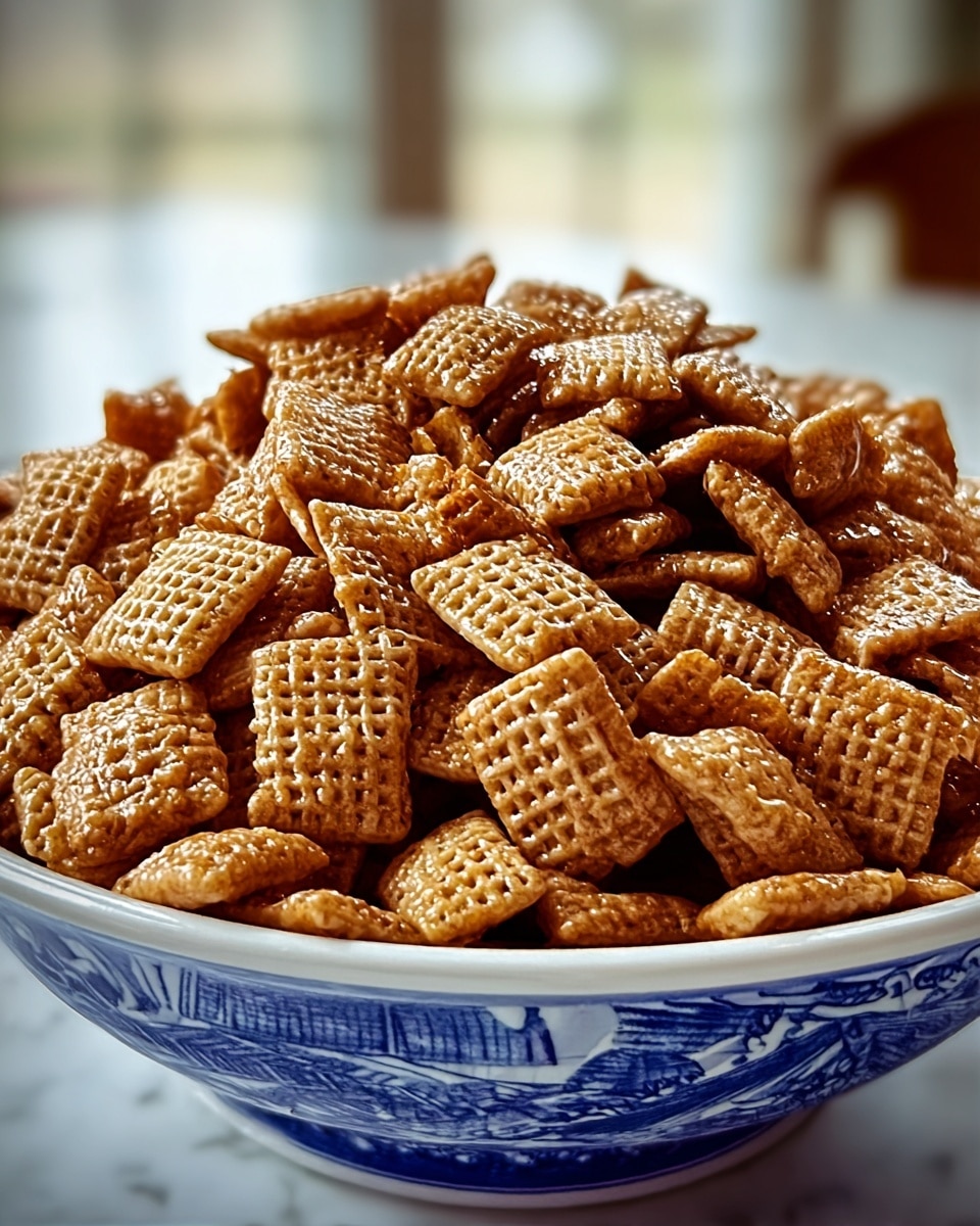 A white bowl filled to the top with square pieces of cereal coated in a shiny caramel glaze. Each cereal piece has a grid pattern on the surface, and they are piled high, creating a small mound above the bowl's rim. The bowl rests on a white marbled surface with soft lighting highlighting the glossy texture of the caramel coating on the cereal pieces. photo taken with an iphone --ar 4:5 --v 7