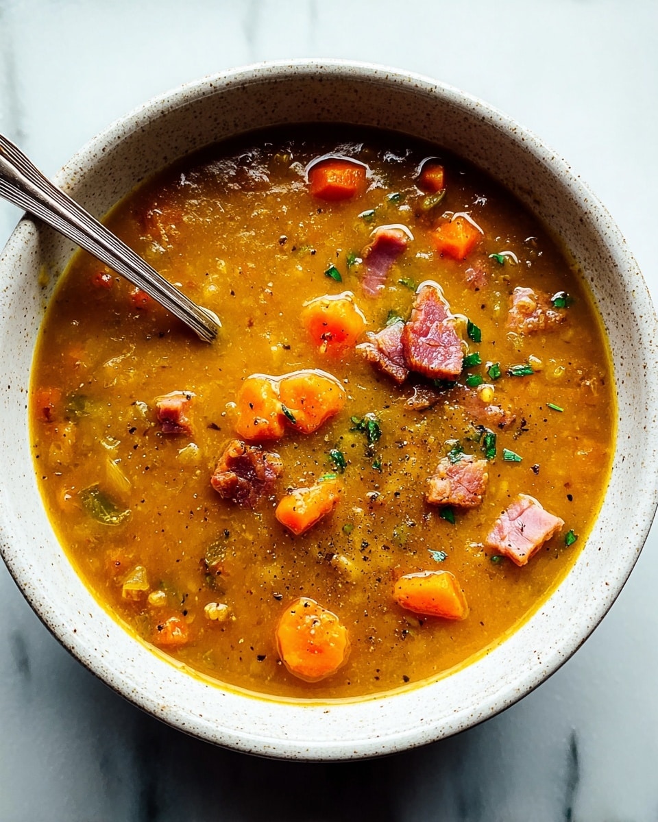 A bowl filled with thick yellowish-orange soup contains small chunks of soft vegetables throughout. On top, several pieces of pinkish-brown cooked meat are placed near the center, garnished with a small green herb leaf. The soup is sprinkled with coarse black pepper. A metallic spoon rests inside the bowl on the left side. The bowl is white and sits on a white marbled surface. photo taken with an iphone --ar 4:5 --v 7