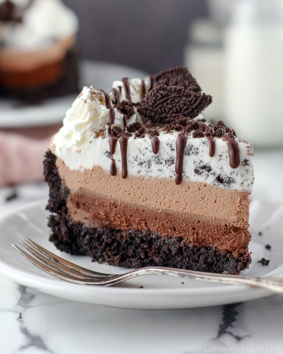 A slice of layered cake on a white plate with chocolate drizzle. The bottom layer is a dark, crumbly chocolate crust. Above it is a thick, smooth layer of milk chocolate mousse in a light brown color. The next layer is a cookies and cream mousse, white with black cookie bits mixed throughout, giving a speckled look. The top is decorated with whipped cream swirls and crushed chocolate cookies, drizzled with chocolate sauce. A fork rests on the edge of the plate. The background is a white marbled texture with blurred elements behind. Photo taken with an iphone --ar 4:5 --v 7