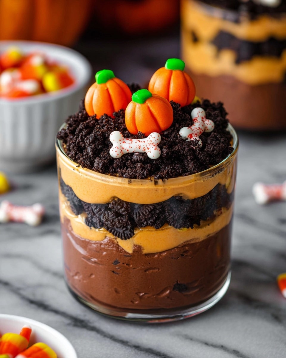 A layered dessert is shown in a clear glass cup, placed on a white marbled surface. The bottom layer is thick, smooth dark brown chocolate mousse. Above it is a layer of crumbled dark chocolate cookies. The middle layer is creamy orange filling, likely pumpkin or butterscotch, smooth and thick. Next, there is another layer of crumbled dark chocolate cookies. The top layer is chocolate mousse again, topped with more crumbled cookies. On top, three small orange pumpkin-shaped candies with green tops are placed amid small white candy bones with red specks. The background includes blurred white bowls with candy and pumpkin pieces, creating a cozy fall mood. Photo taken with an iphone --ar 4:5 --v 7