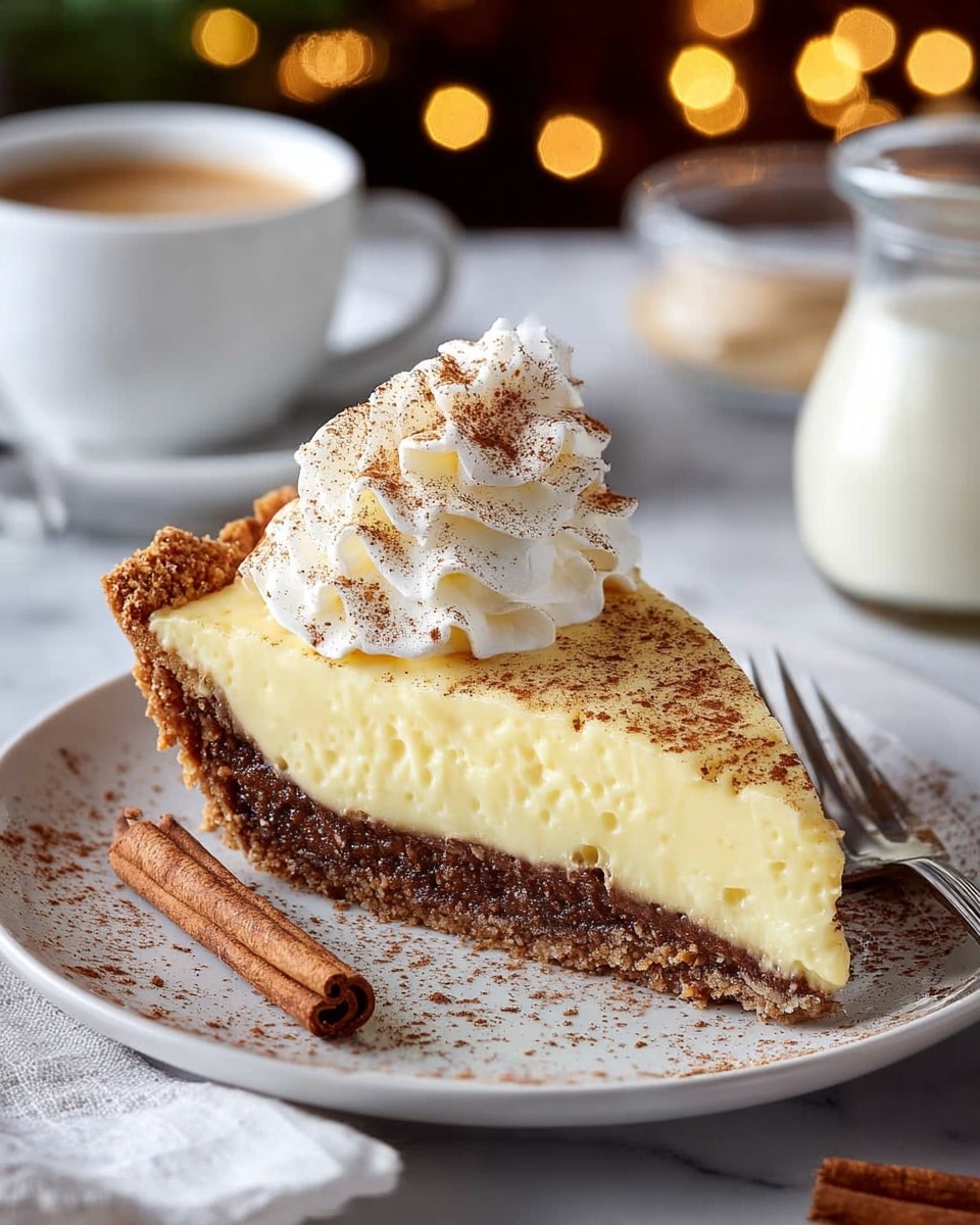 A slice of creamy pie is placed on a white plate with a slightly scalloped edge, resting on a white marbled surface. The pie has three layers: a crumbly brown base, a thick pale yellow custard filling, and a fluffy white whipped cream topping. The whipped cream is swirled high and sprinkled with a light dusting of brown spice, possibly cinnamon or nutmeg. In the background, there is a white cup of coffee and a tall glass of milk, both blurred slightly to keep focus on the pie. There are cinnamon sticks lying next to the plate for decoration. Photo taken with an iphone --ar 4:5 --v 7