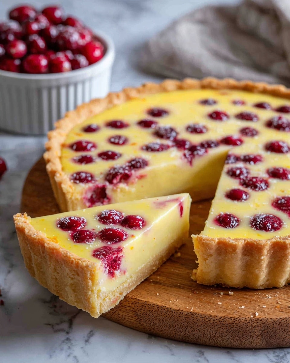 The image shows a single slice of berry tart on a white plate with a white marbled surface underneath. The tart has three layers: the bottom layer is a golden brown crust with a slightly rough texture, the middle layer is a smooth, pale yellow custard, and the top layer is a thick spread of shiny red berry glaze covered with fresh, round, dark red berries dusted lightly with powdered sugar. Some berries have fallen around the plate, adding a natural touch to the scene. Photo taken with an iphone --ar 4:5 --v 7