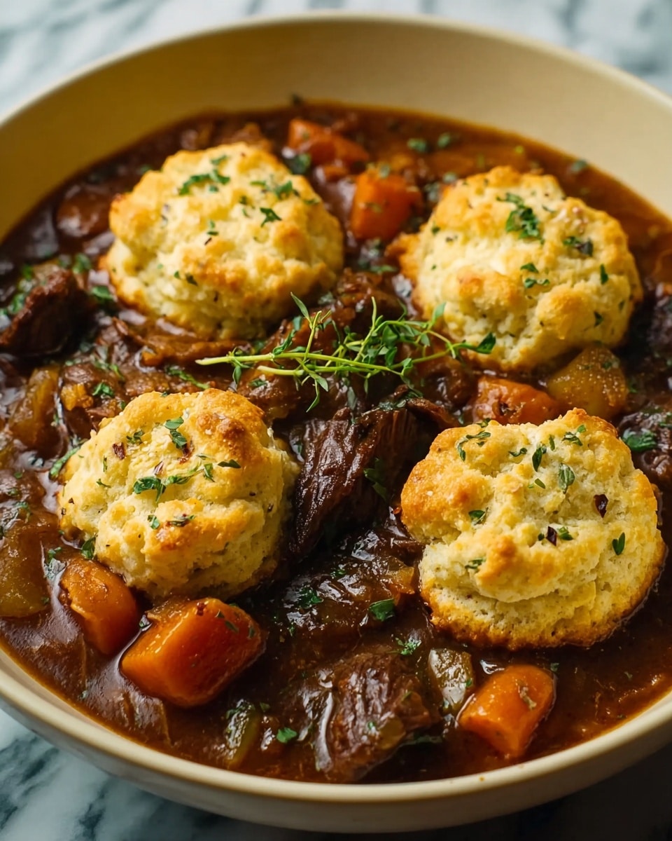 A white deep bowl filled with a rich brown stew that has visible chunks of orange carrots and dark brown pieces of beef. On top of the stew are five golden-brown biscuit-like pieces with a slightly crispy texture and small green herbs sprinkled on them. A small green herb sprig is placed in the center for garnish. The stew looks thick and glossy with pieces of vegetables and meat mixed in. The background is a white marbled texture. photo taken with an iphone --ar 4:5 --v 7