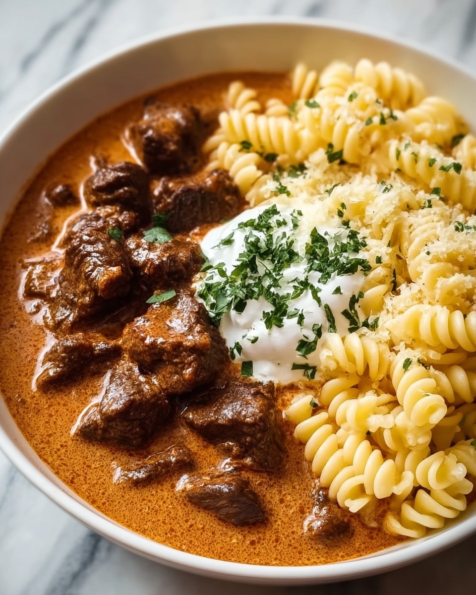 A white bowl filled with a rich, creamy orange-brown sauce that covers tender, dark brown chunks of beef arranged on the left side. On the right, a neat pile of pale yellow spiral pasta sits, with some green herb bits sprinkled over both the beef and pasta. A small dollop of white cream is placed in the center, topped with more green herbs. The surface beneath the bowl has a white marbled pattern. photo taken with an iphone --ar 4:5 --v 7