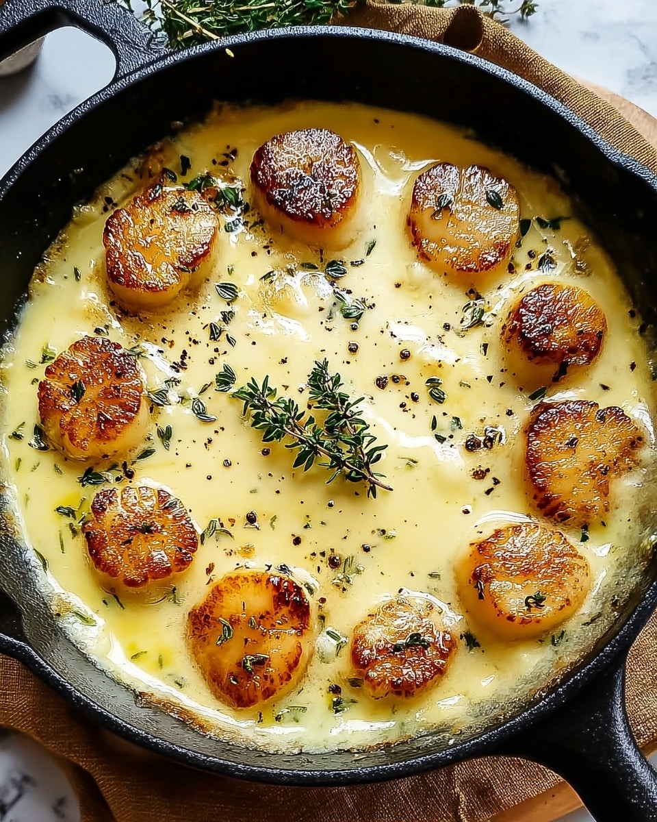A black skillet filled with a creamy, pale yellow layer of sauce that covers the bottom and sides, topped with nine round pieces of golden brown, slightly crispy scallops arranged in a circle with one sprig of green thyme placed neatly in the center and small bits of black pepper sprinkled evenly over the surface, all resting on a brown cloth on a white marbled surface. photo taken with an iphone --ar 4:5 --v 7