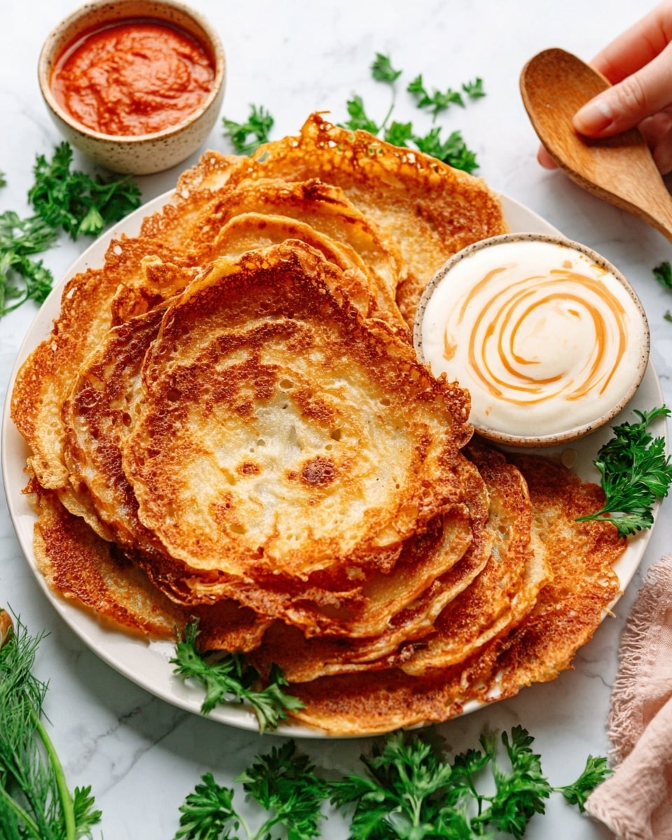 A white plate holds several large, golden brown, crispy pancake-like layers stacked loosely, each piece showing a slightly rough and crunchy texture with darker browned edges. To the right of the stack, there is a small white bowl filled with creamy white sauce swirled with a light orange sauce on top. A woman's hand is holding a small wooden spoon near another bowl of red sauce placed in the background on the left side. Fresh green parsley lies scattered around the plate as garnish. The whole setup rests on a white marbled surface. Photo taken with an iphone --ar 4:5 --v 7