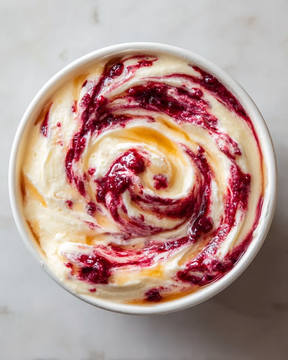 The image shows a white bowl filled with a creamy mixture that has three layers swirled together. The first layer is a smooth pale yellow cream, covering the whole bowl and acting as the base. The second layer is a deep red berry sauce, spread unevenly and twisted into the creamy base, creating a spiral pattern. The third layer is a golden honey drizzle, thinly spread in some places across the red and yellow swirls. The texture of the cream is soft and fluffy, while the berry sauce is chunky with visible small bits of fruit. The bowl sits on a white marbled surface, and the photo is taken from directly above. photo taken with an iphone --ar 4:5 --v 7