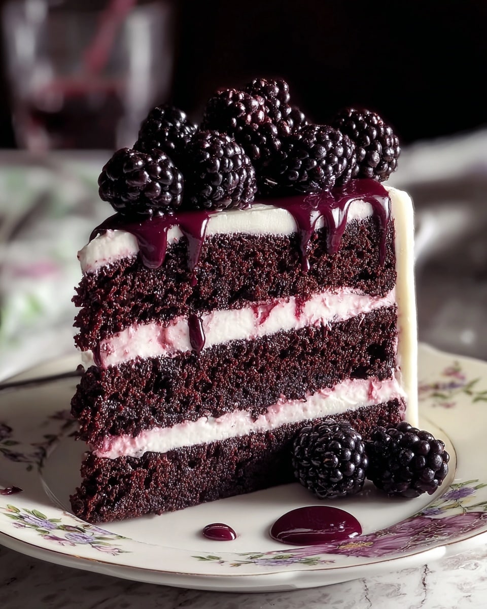 A slice of two-layer dark purple cake sits on a white plate with a detailed blue and brown pattern, each cake layer separated by smooth white cream frosting; the top also has this cream frosting, covered partly by a dark purple glaze dripping down the side. On top, a cluster of blackberries, one blueberry, one red raspberry, and two small mint leaves add color and texture, while more blackberries rest at the base next to a silver fork. The cake looks moist and rich, and the background shows a white marbled texture. Photo taken with an iphone --ar 4:5 --v 7