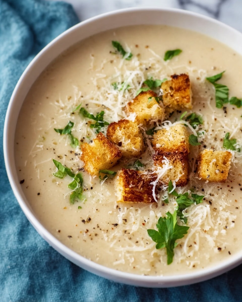 A creamy light beige soup fills a white bowl almost to the top, with a smooth and slightly thick texture. On the surface, there are golden brown crunchy croutons artfully scattered in the center, each cube showing browned edges. There is a sprinkling of finely grated white cheese over the croutons and soup, with small green parsley leaves adding a fresh touch around them. Tiny black pepper flakes are spread lightly across the surface. The bowl is placed on a soft-looking blue cloth, set against a white marbled texture. Photo taken with an iphone --ar 4:5 --v 7