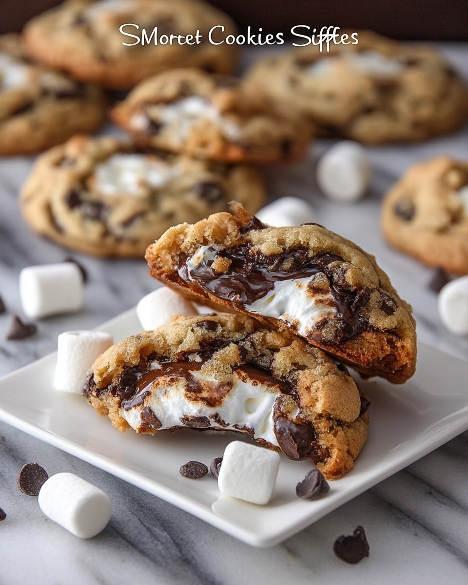 The image shows a white square plate with two thick s’mores stuffed cookies broken in half, revealing gooey white marshmallow and melted dark chocolate inside. The cookie dough is golden brown with a soft and crumbly texture. Around the plate are scattered small white marshmallows and a few dark chocolate chips. In the background, there are more whole and broken cookies on a white marbled surface. The soft cookie dough contrasts with the smooth, shiny melted chocolate and fluffy marshmallow filling. The photo taken with an iphone --ar 4:5 --v 7