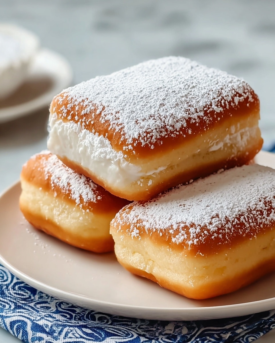 The image shows three rectangular doughnuts stacked on a white plate, placed on a white marbled surface with a blue patterned cloth partially visible underneath. Each doughnut has a golden-brown top and bottom with a light, fluffy middle layer. The top surface of each doughnut is covered with a light dusting of powdered sugar, giving a soft white contrast to the golden color. The doughnuts appear soft and slightly puffy, with smooth edges and a fresh, airy texture. Photo taken with an iphone --ar 4:5 --v 7