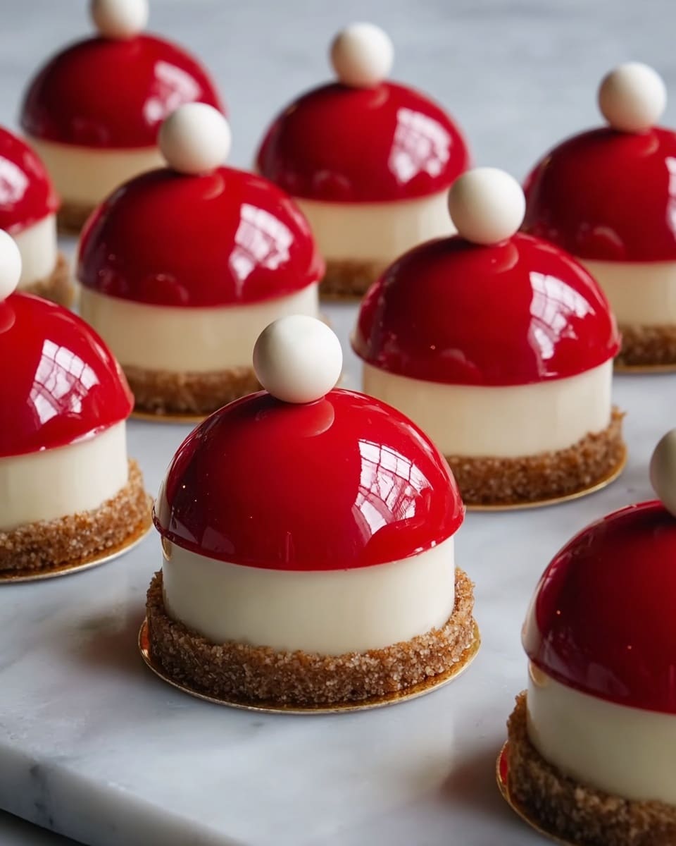 The image shows multiple small dome-shaped desserts arranged on a white marbled surface. Each dessert has three clear layers: a bottom thin brown crumbly base, a middle thick smooth pale cream layer, and a top shiny red dome with a mirror glaze texture. On top of each red dome, there is a small round white sphere as decoration. The desserts are evenly spaced, and light reflections appear on the glossy red domes. photo taken with an iphone --ar 4:5 --v 7