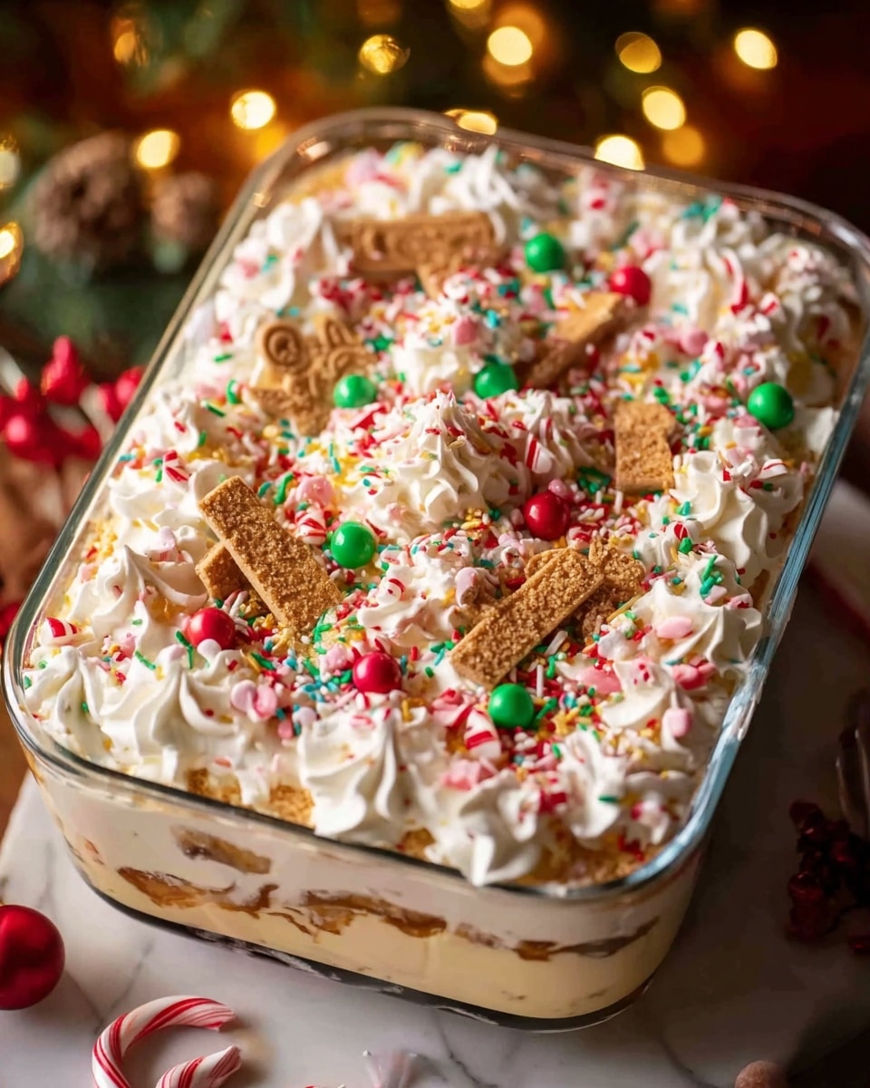 The image shows a rectangular glass dish filled with many layers of a festive dessert. The bottom layers seem creamy and soft in a light beige color, topped with thick, white whipped cream spread evenly. On top, there are decorative swirls of whipped cream around the edges. The surface is sprinkled with broken gingerbread cookies, colorful red and green round candies, and small candy cane pieces with red and white stripes. There are also red, green, and pink small round sprinkles scattered all over, giving the dish a festive look. The dish sits on a white marbled surface with warm lights and pine decorations in the blurred background. photo taken with an iphone --ar 4:5 --v 7