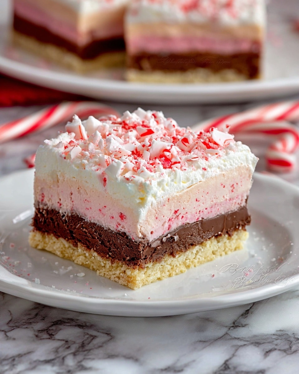Two square dessert pieces sit on white plates over a white marbled surface. Each piece has four layers: a light golden crumbly base, a pink creamy layer, a thick chocolate middle layer with a smooth texture, and a thick white whipped cream layer on top. The white cream layer is sprinkled with crushed candy canes adding red and white specks and small curls all over. Around the plates, several whole candy canes are scattered. Two forks lie next to one plate. Photo taken with an iphone --ar 4:5 --v 7