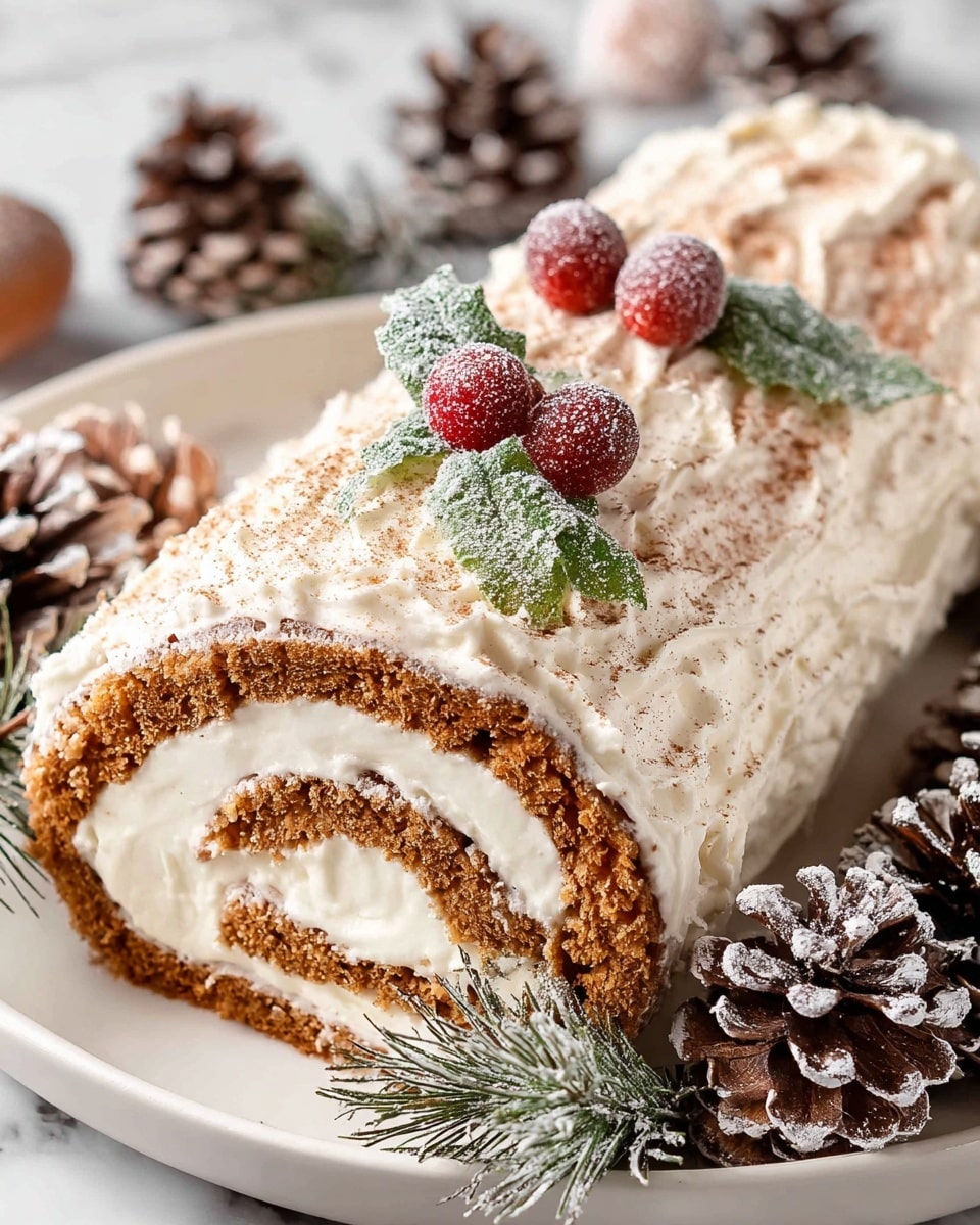A rolled cake with two visible brown layers of soft sponge and two layers of thick white cream filling between and on top, covered with a textured layer of white frosting dusted with light brown powder. The cake roll is placed on a white plate, surrounded by pinecones with white frosted edges and green sprigs with tiny red berries dusted with sugar. The top of the cake is decorated with three frosted red berries and green leaves. The whole scene is set on a white marbled texture. photo taken with an iphone --ar 4:5 --v 7