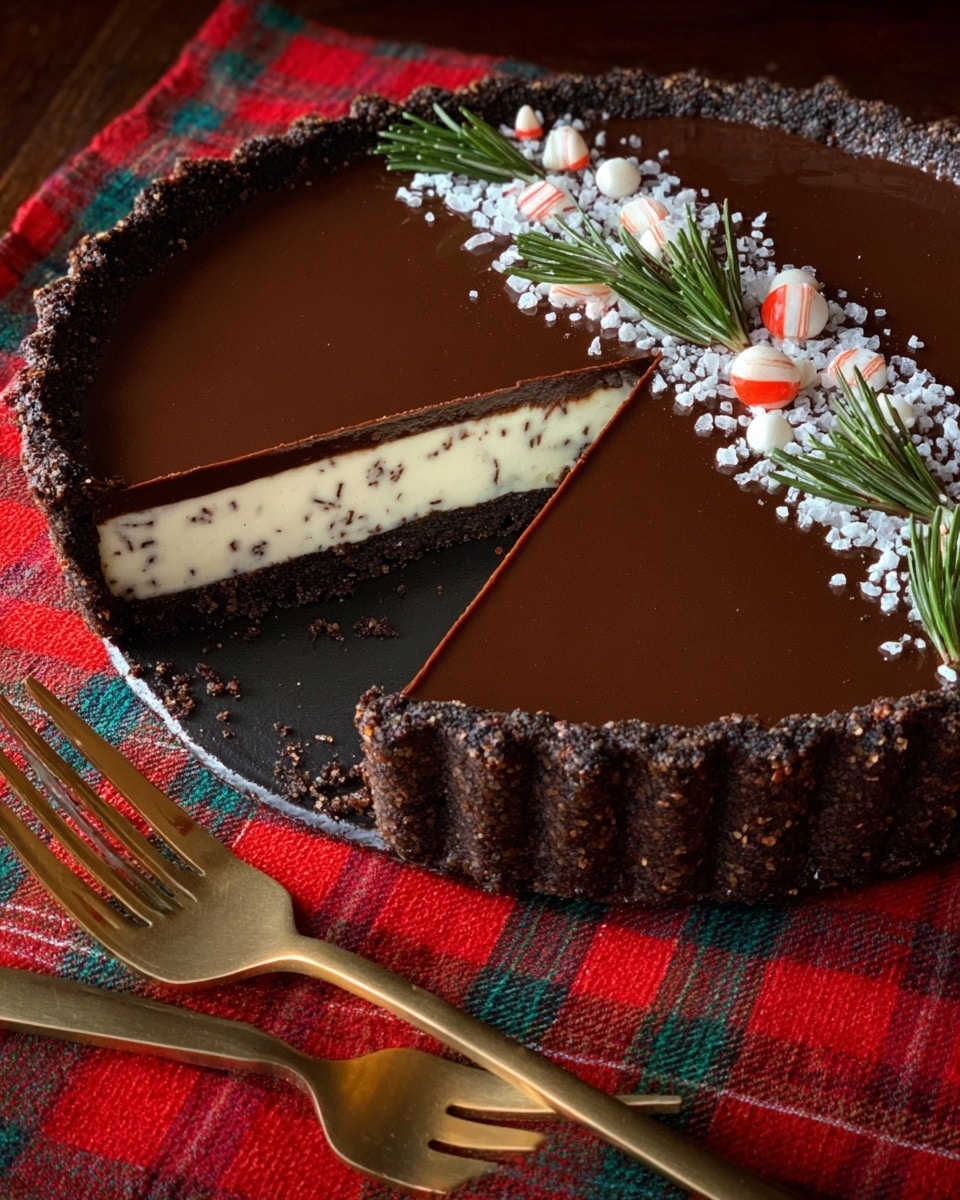A round tart with a dark brown crumbly crust forms the base and edges, holding two visible layers: a thick white creamy middle filling speckled with small dots, and a smooth, shiny dark chocolate top layer covering the whole tart. A slice is removed, showing the clean cut between layers. On top, there is a diagonal line of decoration made of green sprigs of rosemary, small white sugar beads, and tiny red and white candy pieces. The tart sits on a red and green plaid cloth, with two gold forks on the side. photo taken with an iphone --ar 4:5 --v 7