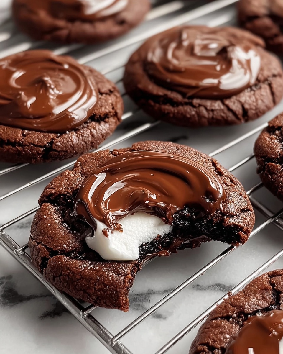 This image shows soft, round chocolate cookies with a cracked surface, arranged on a wire cooling rack over a white marbled surface. Each cookie has a thick, smooth layer of glossy, melted chocolate spread unevenly on top, creating swirled patterns with shiny highlights. One cookie is broken open, revealing a gooey white marshmallow center contrasted with the dark, moist chocolate cookie base. The overall look is rich and indulgent with a deep brown color of the cookie and chocolate against the creamy white inside. Photo taken with an iphone --ar 4:5 --v 7