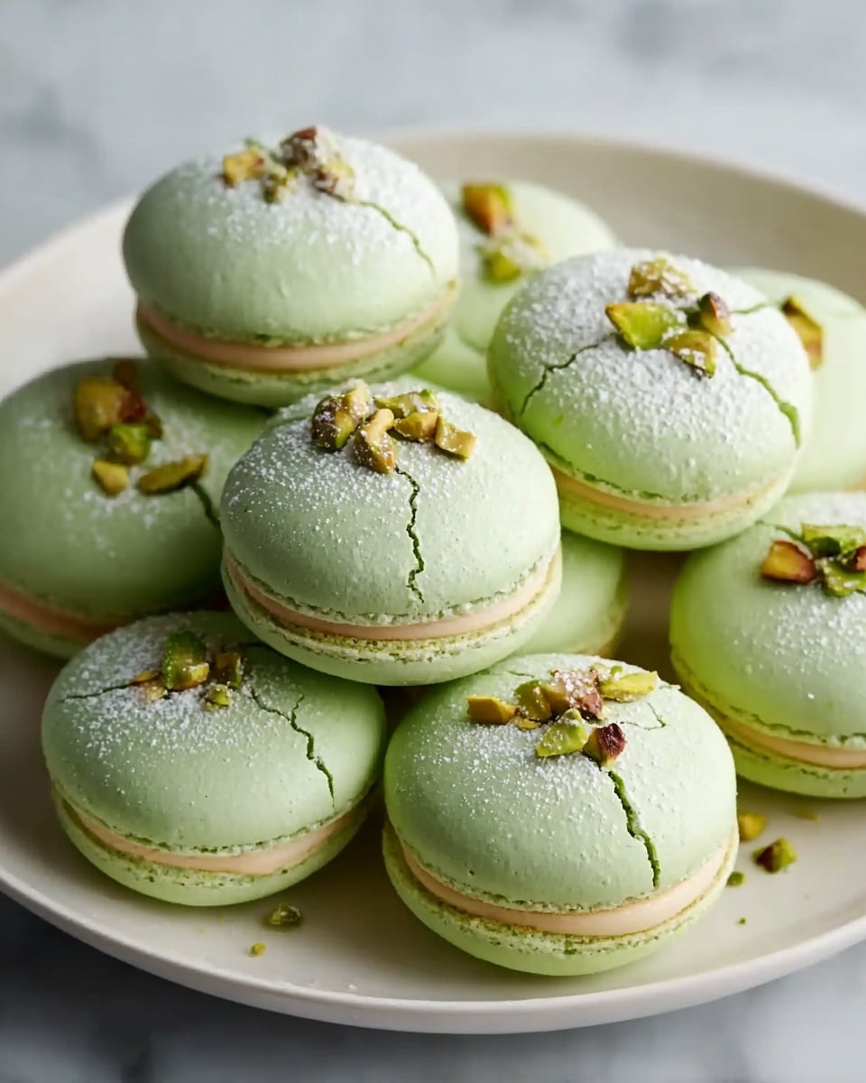 The image shows a white plate filled with several light green macarons stacked together. Each macaron is made of two smooth, slightly domed shells with a light beige bottom edge, joined by a creamy filling that is not highly visible. The top shells have fine cracks down the middle and are lightly dusted with powdered sugar. Small pieces of chopped pistachio nuts are scattered on top of each macaron, adding texture and a darker green contrast. The plate is placed on a white marbled surface. photo taken with an iphone --ar 4:5 --v 7