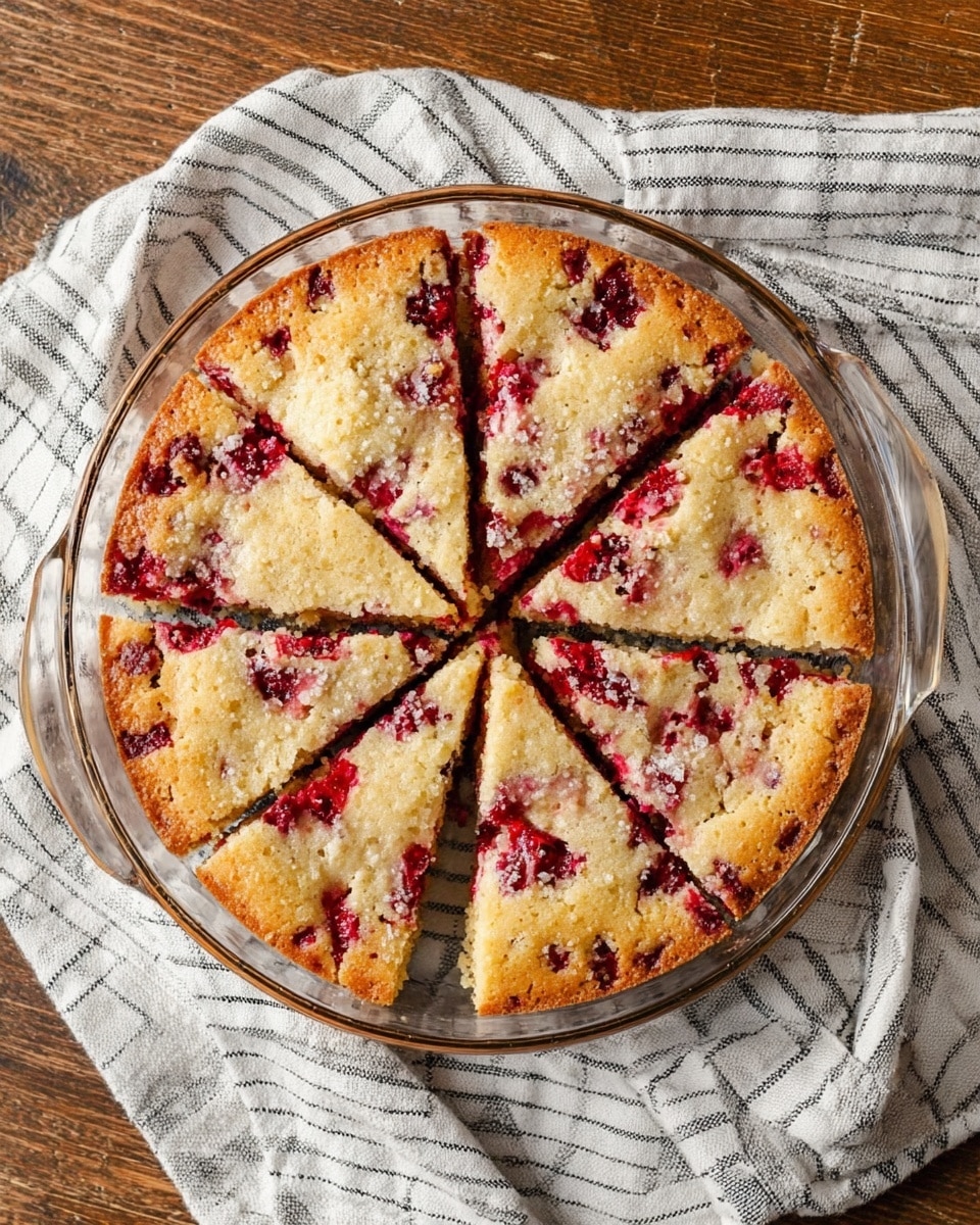 A round berry cake is shown in a clear glass baking dish with two handles on the sides. The cake is cut into eight slices with a golden top layer that looks soft and crumbly. Bright red berry pieces are scattered unevenly inside the top layer, creating a contrast of red and light brown colors. The dish is placed on a white and gray striped cloth, all set on a wooden table. photo taken with an iphone --ar 4:5 --v 7