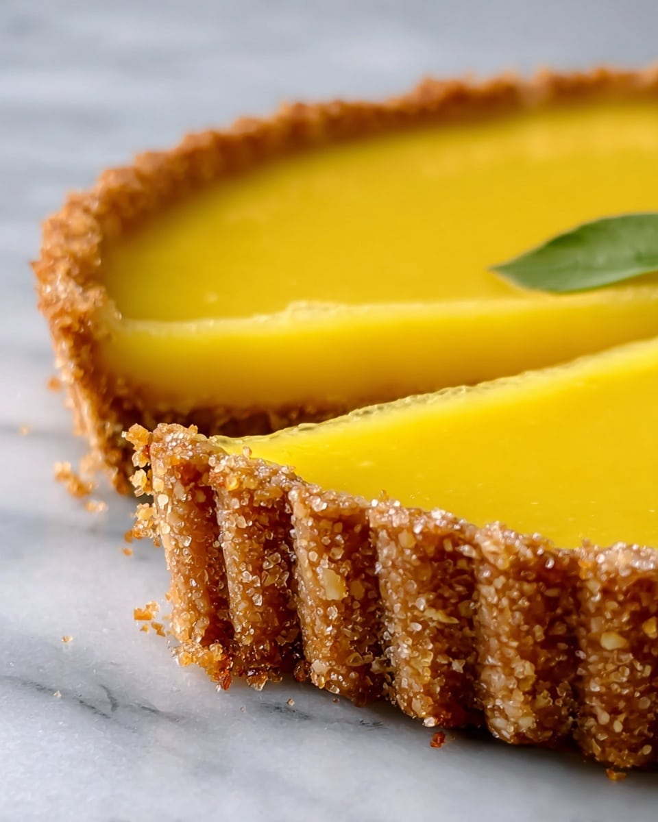 A close-up view of a tart showing two clear layers: the bottom layer is a thick, golden brown crumbly crust with visible coarse sugar grains and a textured edge with ridges, while the top layer is a smooth, bright yellow custard-like filling that is shiny and even, decorated with a small green leaf on the right side. The tart sits on a surface with a white marbled texture. photo taken with an iphone --ar 4:5 --v 7