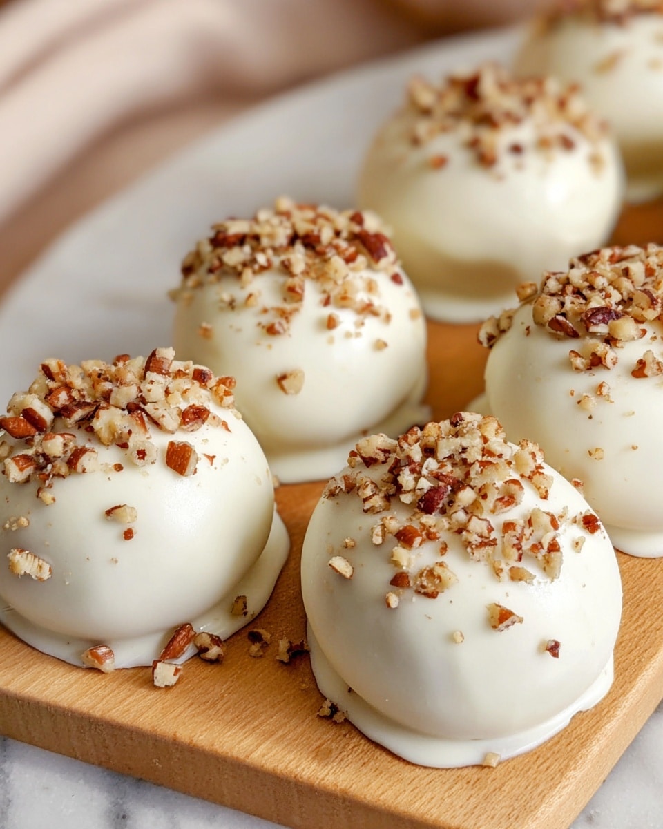 The image shows six white chocolate-covered round treats arranged closely on a light wooden board placed on a white marbled surface. Each treat is smoothly coated with white chocolate, forming a glossy outer layer, and is topped with a generous sprinkle of small chopped pecan pieces that add a rough texture and brown color contrast against the smooth white coating. The board is set against a soft, blurred background with warm light, and the focus is on the front treats, showing details of the white chocolate’s shiny finish and uneven edges at the bottom. photo taken with an iphone --ar 4:5 --v 7