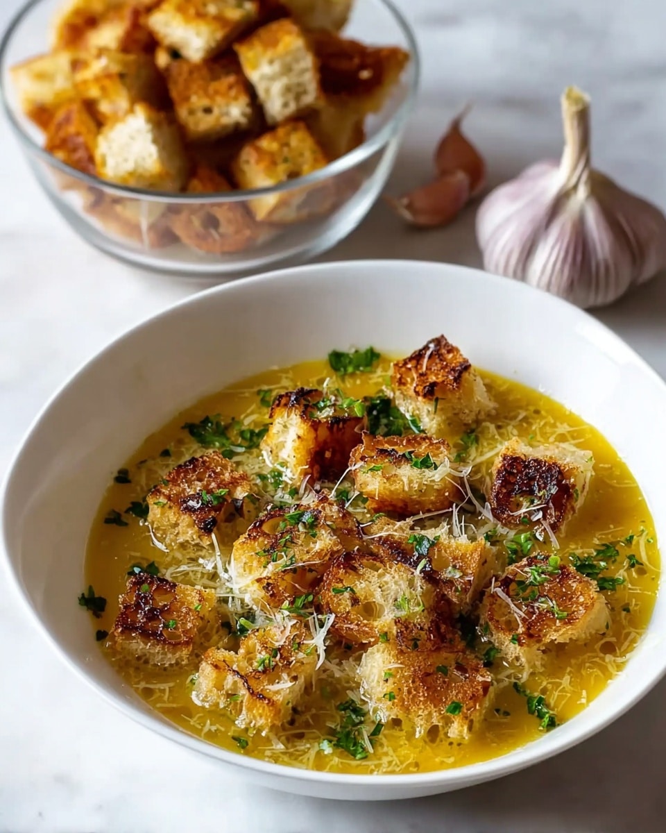 The image shows a white bowl filled with a clear golden-yellow soup, topped with a thick layer of toasted bread cubes that are golden brown with some darker charred spots. There are small green parsley leaves sprinkled evenly across the top, and some thin strands of melted cheese visible just under the croutons. Behind the bowl, a glass bowl holds more toasted bread cubes of a similar golden brown color. A whole garlic bulb sits beside the glass bowl. The setting is on a white marbled surface. Photo taken with an iphone --ar 4:5 --v 7