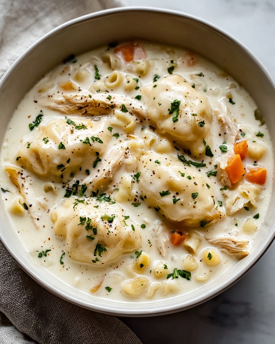 A filled white bowl holds a creamy white chicken and dumplings stew, with three plump, soft dumplings floating on top. Beneath the dumplings, small pieces of light brown chicken and curved pasta shells are seen in the thick, smooth white broth. Pieces of orange carrots and small green herbs are scattered throughout, with a light sprinkle of black pepper and chopped green herbs on the dumplings, adding textured detail. The bowl is placed on a cloth over a white marbled surface. photo taken with an iphone --ar 4:5 --v 7