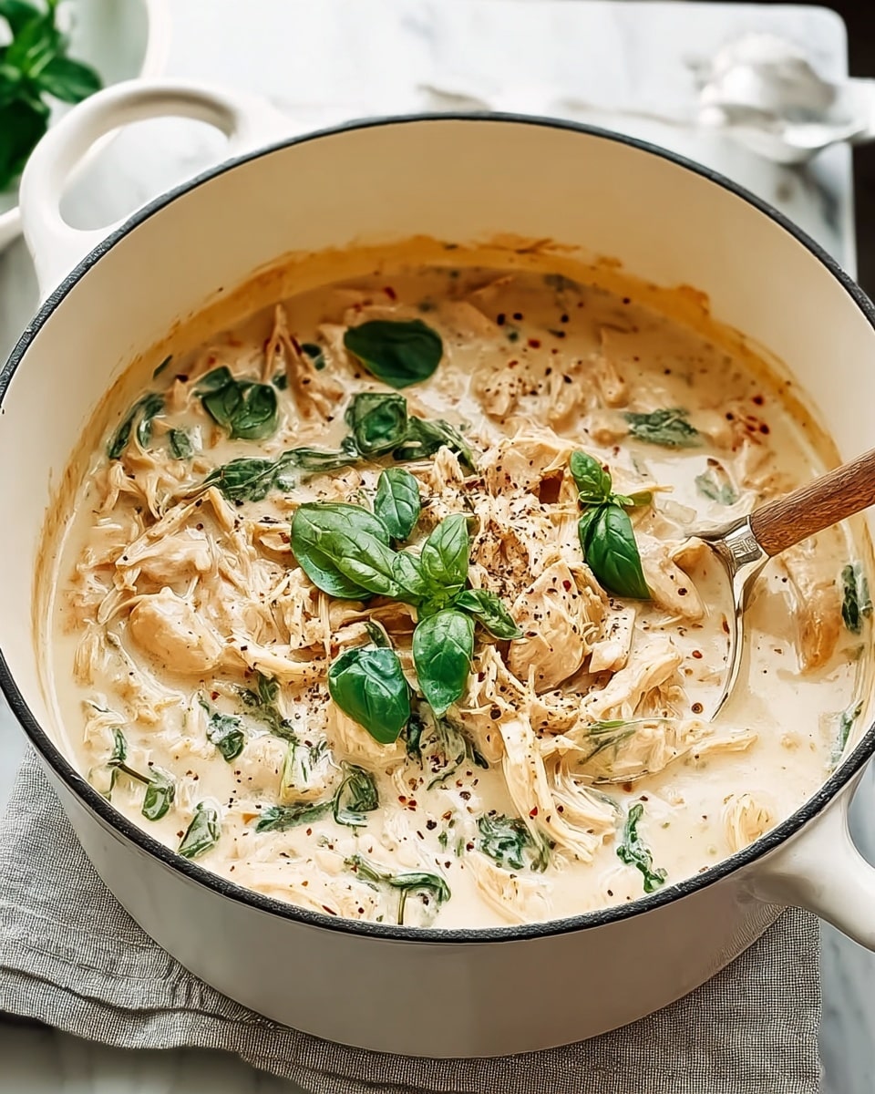 A white pot filled with creamy white sauce with cooked shredded chicken mixed in. There are small pieces of spinach or basil leaves scattered on top, along with some cracked black pepper sprinkled across the sauce. The sauce looks thick and smooth with light brown bits of cooked chicken showing through. The pot sits on a light gray cloth over a white marbled surface. Photo taken with an iphone --ar 4:5 --v 7
