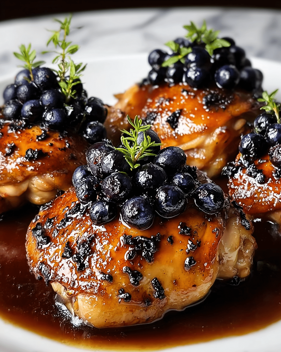 Three pieces of cooked chicken thighs are arranged on a white plate. Each chicken thigh has a glossy, golden-brown surface with dark charred bits scattered on top, giving a textured look. The chicken is covered with a thick, dark brown sauce that pools slightly around the base of each piece. On top of the chicken thighs, there are clusters of shiny dark purple berries, with a few small sprigs of green herbs resting on one of the pieces, adding a fresh contrast in color. The background shows a white marbled texture. photo taken with an iphone --ar 4:5 --v 7