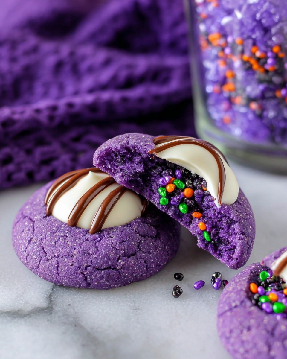 Two purple cookies with a rough, crunchy texture are shown on a white marbled surface. Each cookie has a large white chocolate kiss with brown stripes placed in the center as the top layer. One cookie is whole, while the other is broken into two pieces, revealing a soft, purple inside sprinkled with small green, orange, purple, and black candy beads scattered on the surface of the break. Behind the cookies, there is a piece of purple textured cloth, and a glass container of purple sugar crystals, both out of focus. photo taken with an iphone --ar 4:5 --v 7