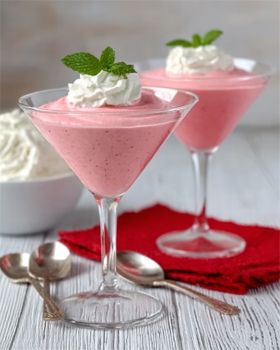 Two tall, clear glasses filled with smooth pink mousse, each topped with a small dollop of white whipped cream and a small green mint leaf. The glasses stand on a white wooden table with a red cloth and wooden cutting board in the background. Nearby, there is a small white bowl with more white whipped cream. Two metal spoons lie on the table in front of the glasses. Photo taken with an iphone --ar 4:5 --v 7