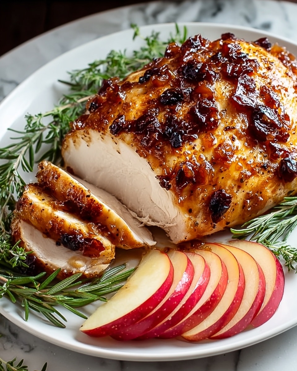 The image shows a large piece of cooked chicken breast with a golden-brown glaze and bits of dark caramelized topping on it. The chicken is sliced partially on top, revealing its juicy white inside. Surrounding the chicken on a white plate are thin slices of red apple, arranged in two rows on one side and two slices lying flat on the other side. Bright green sprigs of rosemary are placed around the chicken and apples, adding contrast. The plate sits on a white marbled surface. photo taken with an iphone --ar 4:5 --v 7