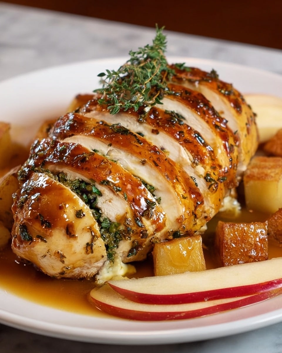 A sliced, golden-brown roasted chicken breast sits on a white plate, with four thick slices showing juicy white meat inside and a herb stuffing of green leaves and melted cheese visible between the slices. The chicken is covered with a shiny brown glaze sprinkled with small herbs and garnished with a small sprig of green thyme on top. Surrounding the chicken are light brown roasted potato cubes and thin slices of red and white apple, all resting in a pool of glossy brown gravy. The plate is placed on a white marbled surface. photo taken with an iphone --ar 4:5 --v 7