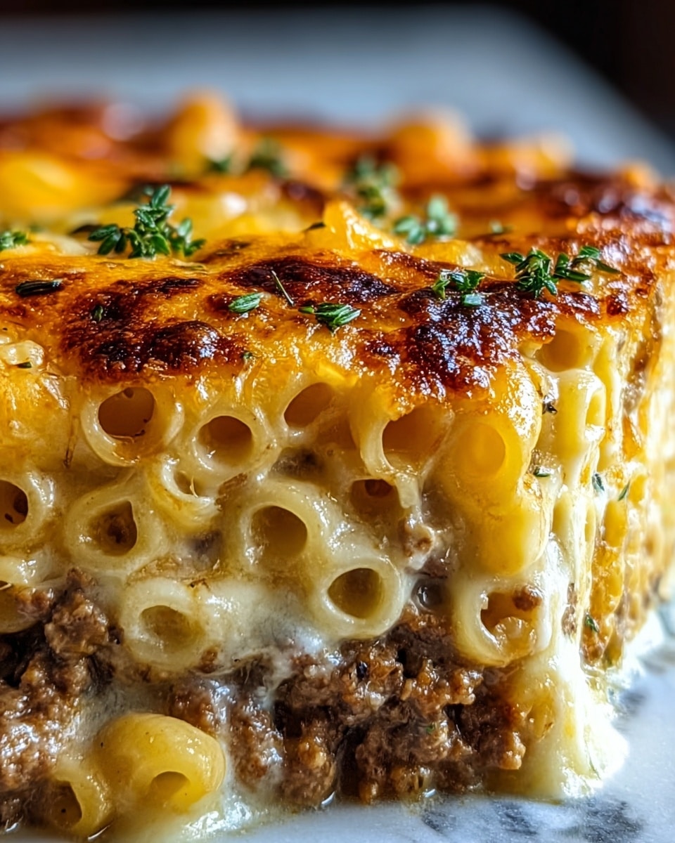 A close-up of a layered baked pasta dish showing four visible layers. The top layer is golden brown melted cheese with some darker toasted spots and small green herb pieces sprinkled on top. Below that is a thick layer of tubular pasta coated in creamy white sauce mixed with ground beef, adding texture and meatiness. The third layer is more melted cheese blending with the pasta, and the bottom layer consists of a well-cooked, browned meat mixture forming a base. The dish appears rich, cheesy, and hearty, placed on a surface with white marbled texture. photo taken with an iphone --ar 4:5 --v 7